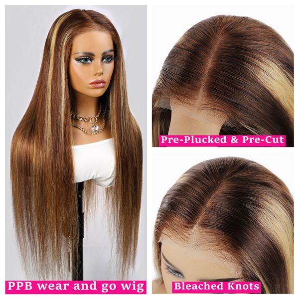 13x6 PPB Wear and Go Human Hair Wigs P4 27 Highlight Straight HD Lace Front Wig Pre-plucked