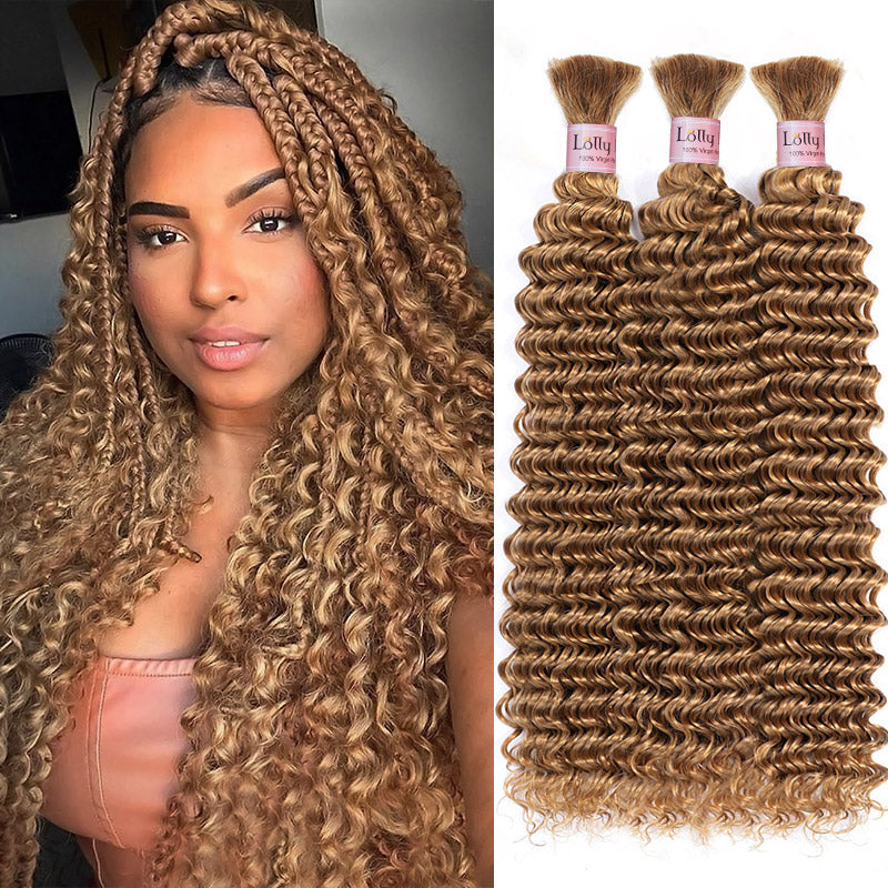 Human Braiding Hair 20Inch 100g Honey Blonde Deep Wave Bulk Hair for Braids No Weft Curly Bundles Human Hair Extensions for Boho Knotless Braids Wet and Wavy (#27)