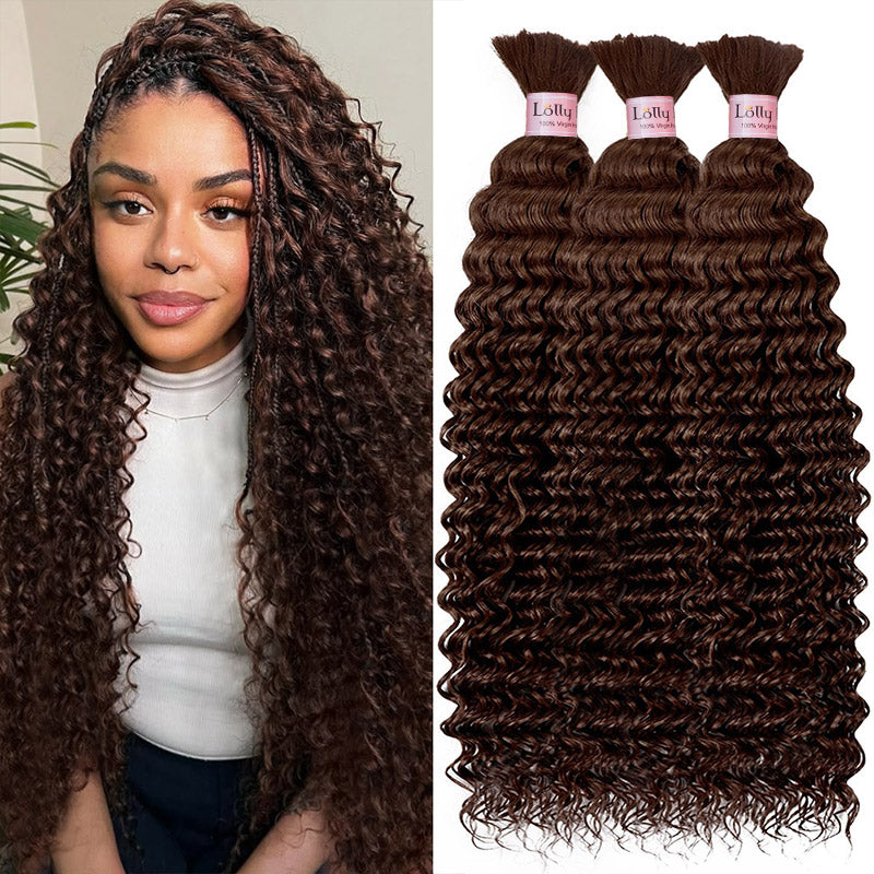 Human Braiding Hair 20 Inch 100g Chocolate Brown Deep Wave Bulk Human Hair for Braiding No Weft Curly Bundles Hair Extensions for Boho Knotless Wet and Wavy Braids (#4)