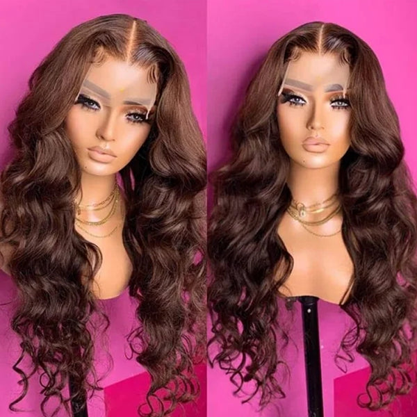 Lolly #4 Chocolate Brown Glueless 13x4 HD Lace Front Wigs Pre Plucked Wear & Go Colored Body Wave Human Hair Wigs For Women
