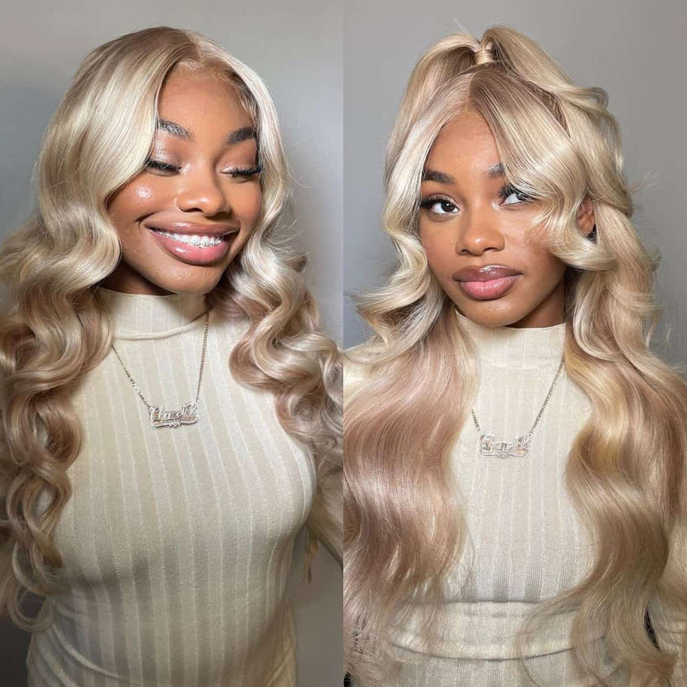 Lolly P10/613 Barbie Blonde Wig With Brown Highlight Human Hair Wigs Body Wave 13x4 HD Lace Front Wig