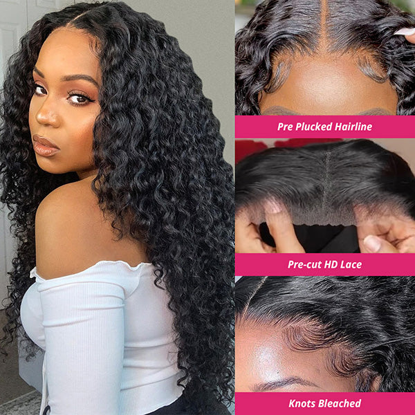 Lolly Curly Wear Go Wigs Pre Plucked 13x4 HD Pre Cut Lace Front Wigs Gluless Bleached Knots Human Hair Wigs for Women