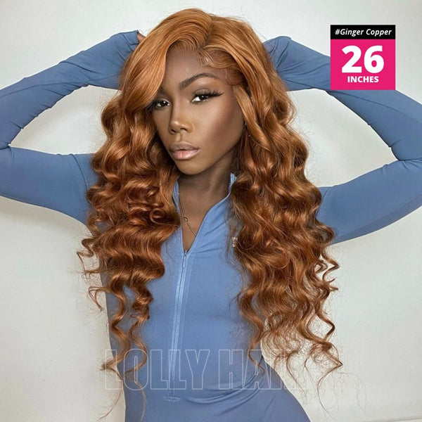 Lolly Ginger Copper Brown 13x4 HD Lace Front Wigs Pre Plucked Body Wave Glueless Colored Human Hair Wigs For Women