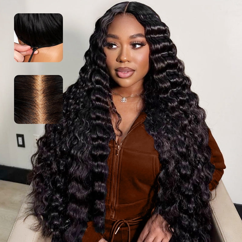 Woman with long, wavy hair extensions and a close-up of the hair extensions on a white background.