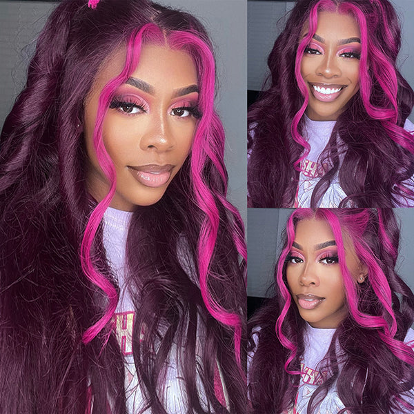 Purple Pink Human Hair Wig Skunk Stripe Lace Front Wigs Pink Streak At Front