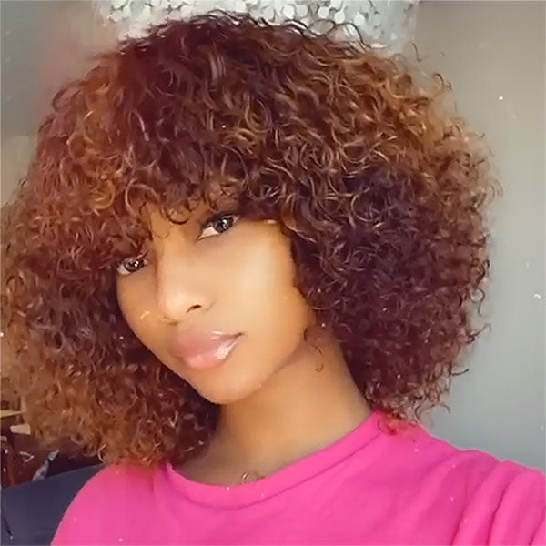 Jerry Curly Human Hair Wigs with Bangs Machine Made Highlight Honey Blonde Colored Wigs - LollyHair