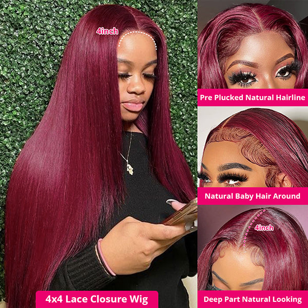 Burgundy 99J Straight Colored Human Hair Wigs 4x4 HD Lace Closure Wig Pre Plucked