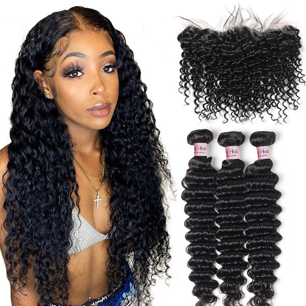 Deep Wave Bundles with Closure Brazilian Curly Virgin Human Hair Bundles with Frontal - LollyHair