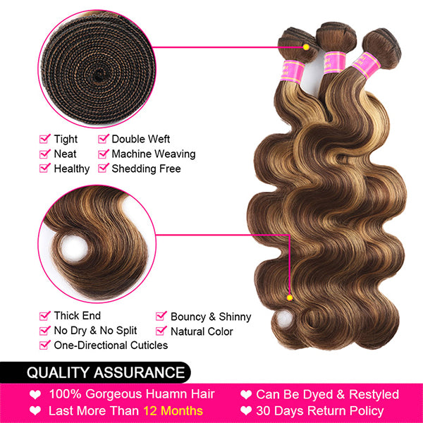 Highlight Human Hair Bundles with HD Lace Closure P4/27 Ombre Body Wave 3 Bundles with Closure - LollyHair