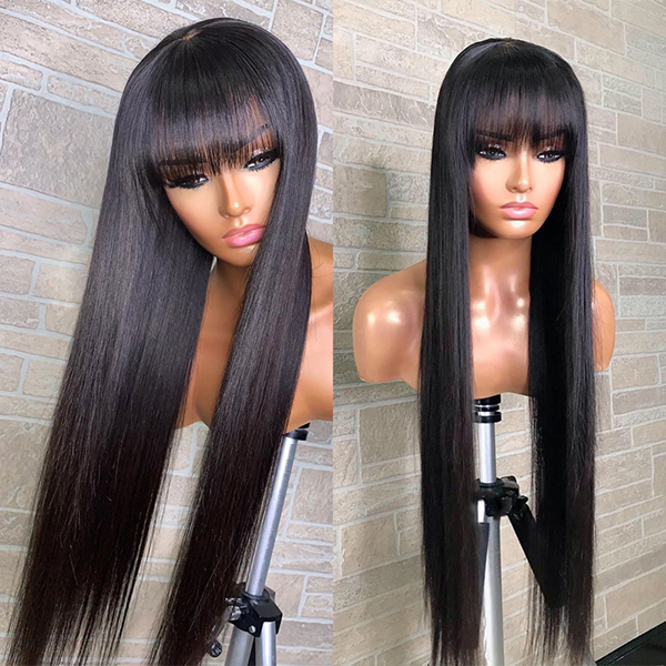 Straight Human Hair Wigs With Bangs Fringe Wig Colored Human Hair Wigs Ginger Burgundy - LollyHair