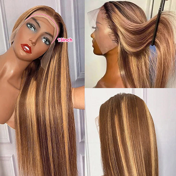 Lolly Highlighted Wigs 13x4 Lace Front Wig P4/27 Piano Color Straight Human Hair Wigs with Highlights