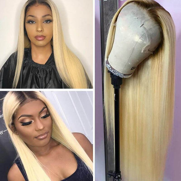 1B 613 Blonde Ombre Color 28 30 Inch Brazilian Straight Wig Lace Front Human Hair Wig - LollyHair