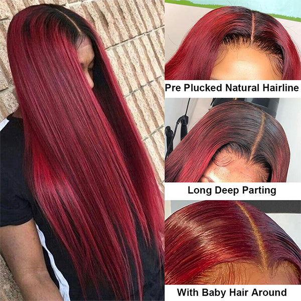 Burgundy Lace Front Wig 1B 99J Ombre Straight Lace Front Human Hair Wigs 4x4 Closure Wig - LollyHair