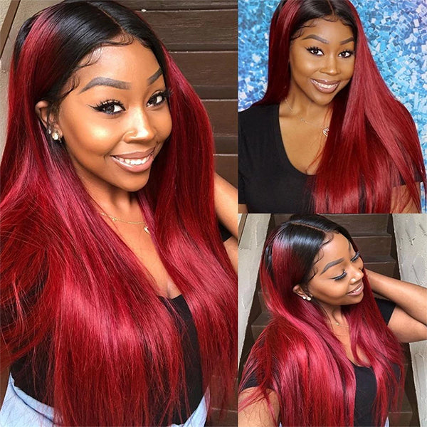 Burgundy Lace Front Wig 1B 99J Ombre Straight Lace Front Human Hair Wigs 4x4 Closure Wig - LollyHair