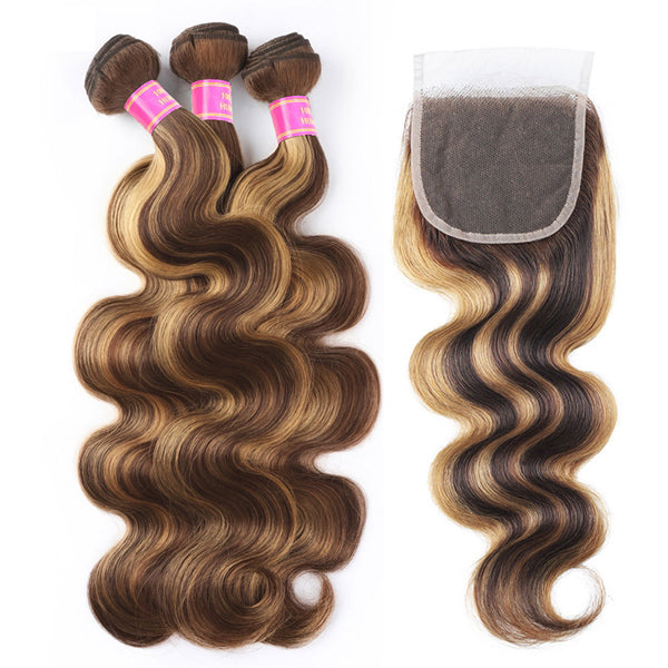 Highlight Human Hair Bundles with HD Lace Closure P4/27 Ombre Body Wave 3 Bundles with Closure - LollyHair