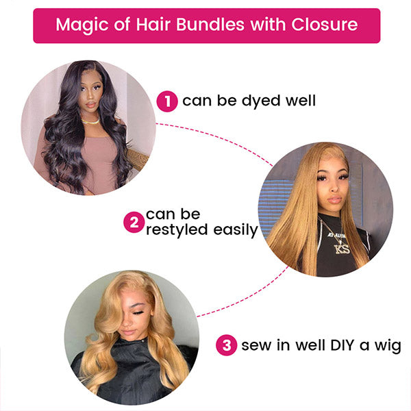 Honey Blonde Bundles with Closure Colored Body Wave Human Hair 3 Bundles with Lace Closure
