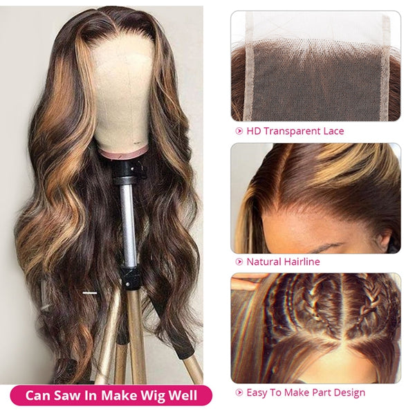 HD Transparent Highlight Body Wave Closure 4x4 Human Hair Lace Closure with Baby Hair - LollyHair