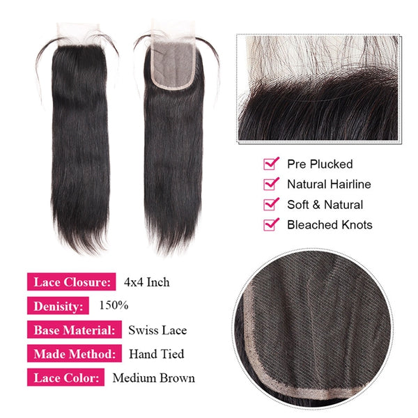4x4 Lace Closure with Baby Hair HD Transparent Straight Human Hair Lace Closure - LollyHair