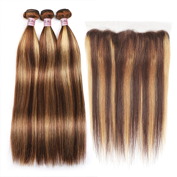 Highlight Human Hair Bundles with Frontal Bone Straight Bundles with HD Lace Frontal - LollyHair