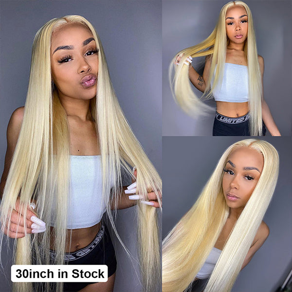 28 30 Inch 613 Human Hair Wigs for Women Transparent Honey Blonde Straight Lace Part Wig - LollyHair
