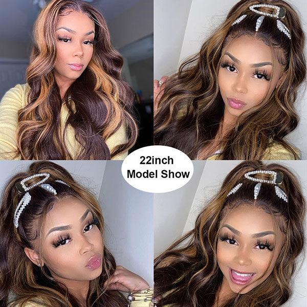 Highlight Body Wave Hair Wigs Honey Blonde Brown P4/27 Color 150% Density 13x4 Lace Front Wig - LollyHair