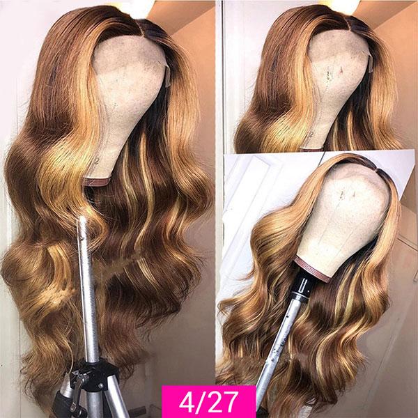 Highlight Body Wave Hair Wigs Honey Blonde Brown P4/27 Color 150% Density 13x4 Lace Front Wig - LollyHair