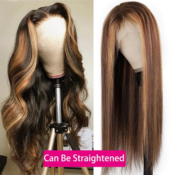 Highlight Body Wave Hair Wigs Honey Blonde Brown P4/27 Color 150% Density 13x4 Lace Front Wig - LollyHair
