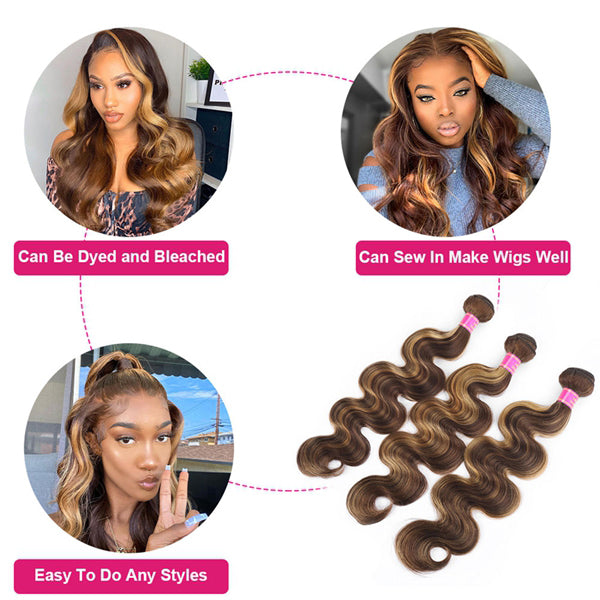 Highlight Human Hair Bundles with HD Lace Closure P4/27 Ombre Body Wave 3 Bundles with Closure - LollyHair
