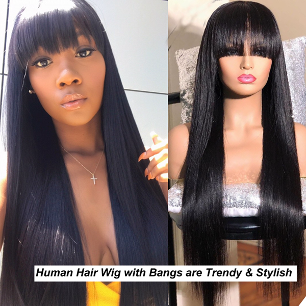 Straight Human Hair Wigs With Bangs Fringe Wig Colored Human Hair Wigs Ginger Burgundy - LollyHair
