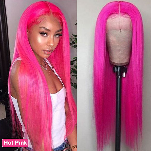 Pink 13x4 Bone Straight Lace Front Wig Human Hair Pre-plucked Red Blue Frontal Wig - LollyHair