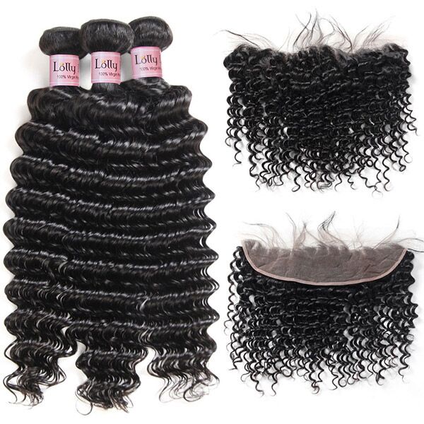 Deep Wave Bundles with Closure Brazilian Curly Virgin Human Hair Bundles with Frontal - LollyHair