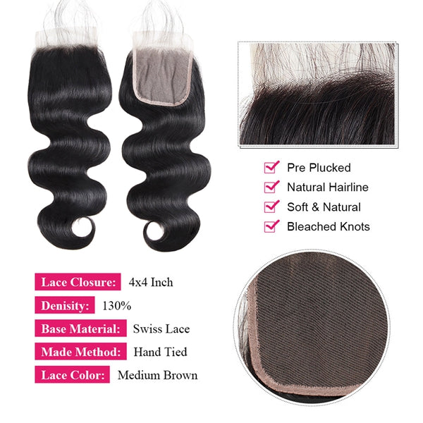 4x4 HD Body Wave Lace Closure Transparent Virgin Human Hair Lace Closure Pre Plucked - LollyHair