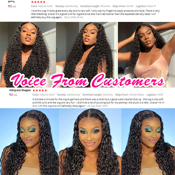 180 250 Density Deep Wave Frontal Wig T Part Transparent Curly Human Hair Wig - LollyHair