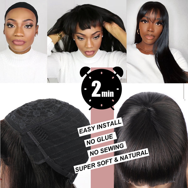 Straight Human Hair Wigs With Bangs Fringe Wig Colored Human Hair Wigs Ginger Burgundy - LollyHair