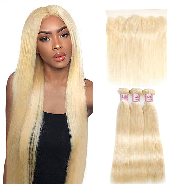 613 Bundles with HD Frontal Brazilian Blonde Straight Human Hair Bundl ...