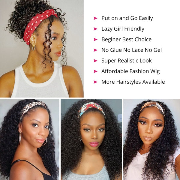 Glueless Headband Wig Human Hair Deep Wave Wig Brazilian Remy Scarf Wig 150% - LollyHair