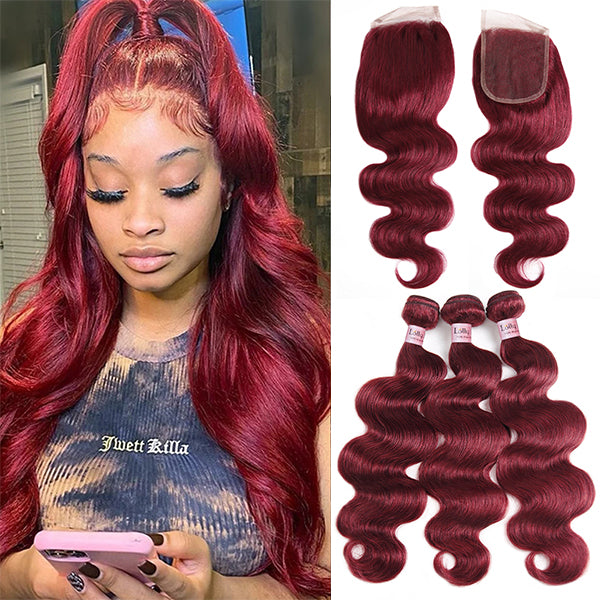 Lolly 99J Burgundy Human Hair Bundles with Closure 5x5 Body Wave 3 Bundles with HD Lace Closure