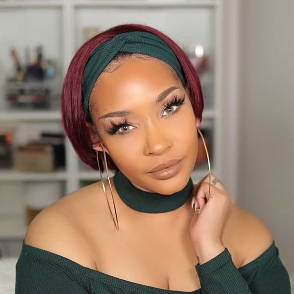 99J Burgundy Headband Wig Short Bob Wigs Human Hair Straight Hair Glueless Wigs - LollyHair