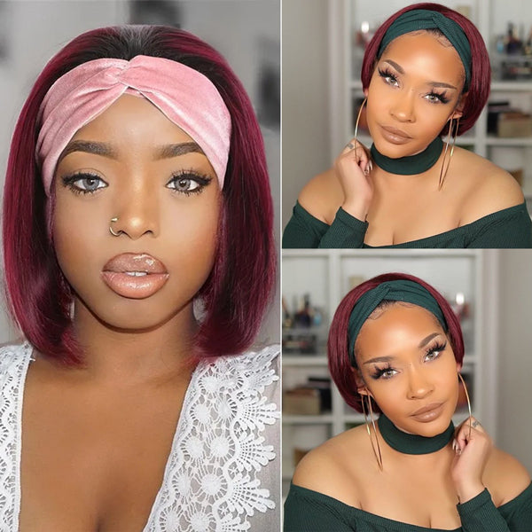 99J Burgundy Headband Wig Short Bob Wigs Human Hair Straight Hair Glueless Wigs - LollyHair