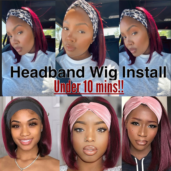 99J Burgundy Headband Wig Short Bob Wigs Human Hair Straight Hair Glueless Wigs - LollyHair
