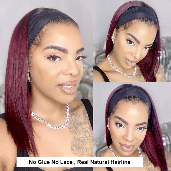 99J Burgundy Headband Wig Short Bob Wigs Human Hair Straight Hair Glueless Wigs - LollyHair