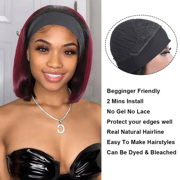 99J Burgundy Headband Wig Short Bob Wigs Human Hair Straight Hair Glueless Wigs - LollyHair