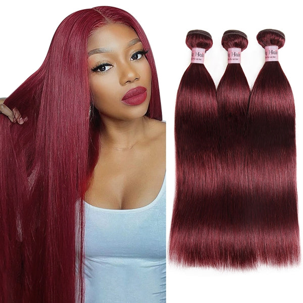 99J Burgundy Straight Hair 3 Bundles with Closure Red Human Hair Bundles with Closure - LollyHair