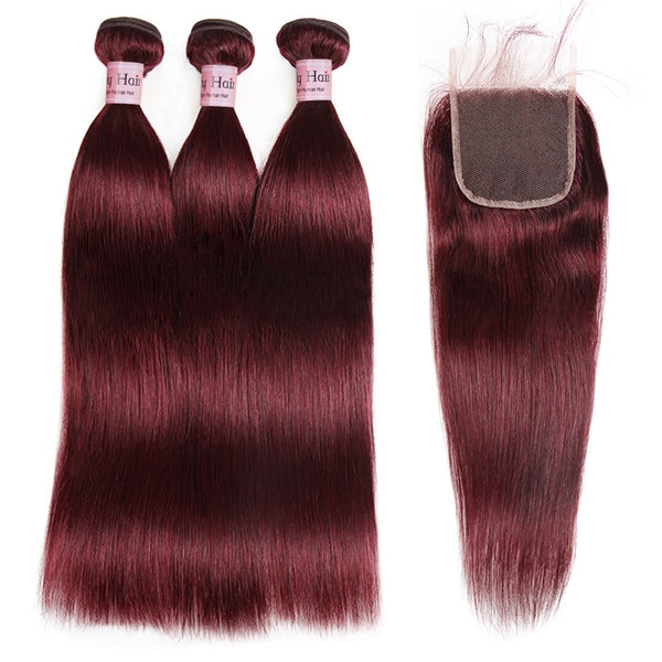99J Burgundy Straight Hair 3 Bundles with Closure Red Human Hair Bundles with Closure - LollyHair