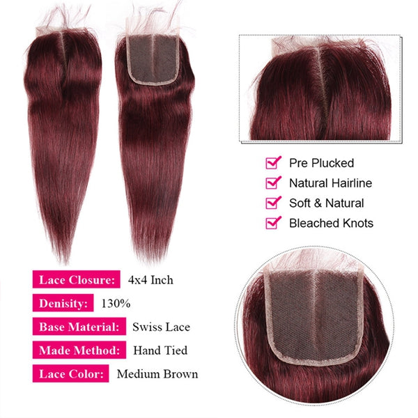 99J Burgundy Straight Hair 3 Bundles with Closure Red Human Hair Bundles with Closure - LollyHair