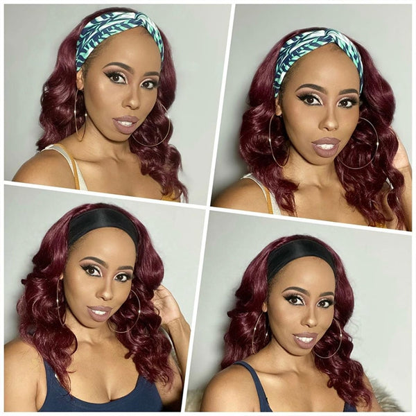Body Wave Burgundy Adjustable Headband Wig Glueless 99J Colored Human Hair Wigs - LollyHair