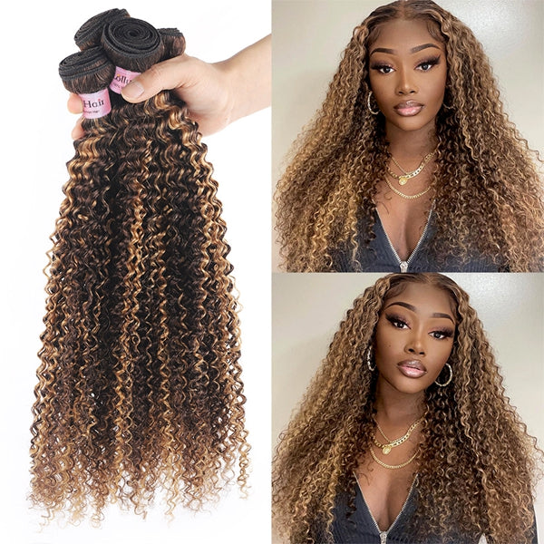 Brazilian Kinky Curly Hair 4 Bundles 30inch Highlight Virgin Human Hair Weave Bundles - LollyHair