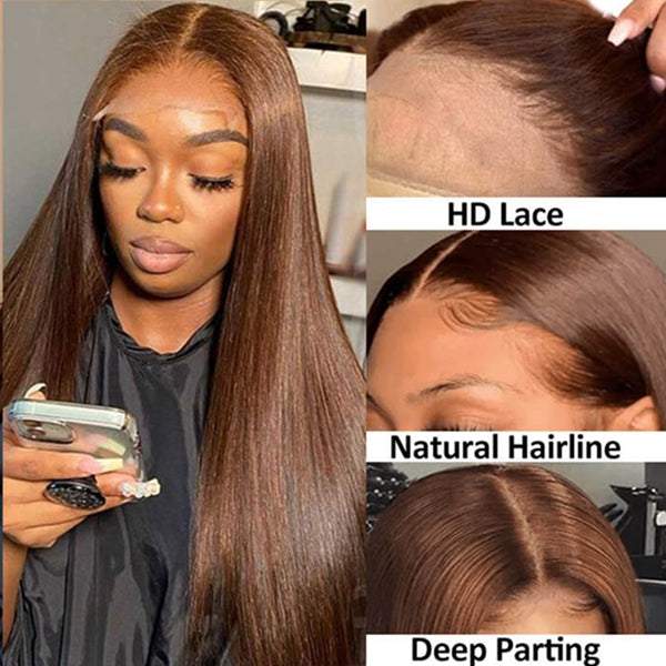 Chocolate Brown Straight Lace Front Human Hair Wig Styles 2024 #4 Glueless HD Transparent Lace Frontal Wigs