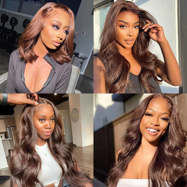 Chocolate Brown Straight Lace Front Human Hair Wig Styles 2024 #4 Glueless HD Transparent Lace Frontal Wigs