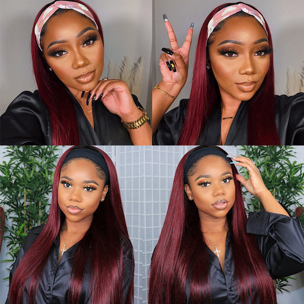 Headband Wig Human Hair 99J Burgundy Red Wig Straight Human Hair Wigs for Women - LollyHair